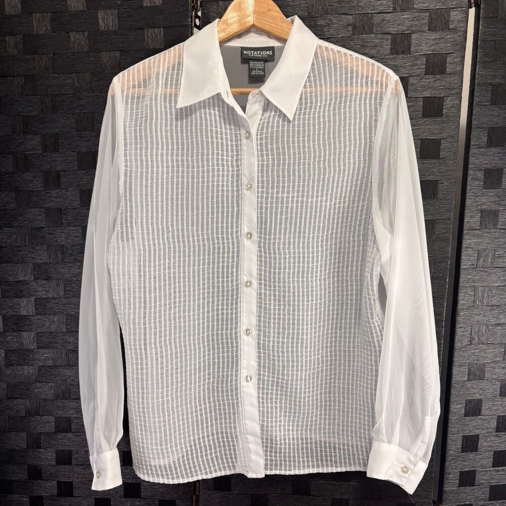 Notations Womens Semi-Sheer Textured Button Down Shirt Sz L White Career Cottage